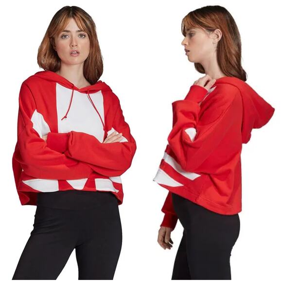 adidas | Women | Red White Big Trefoil Cropped Sporty Hooded Sweatshirt | Small - Picture 15 of 15